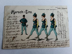 POSTCARD MARSCH EINS, SOLDIER, ARMY, WOMEN, LONG ADDRESS, STAMP, STAMP, 1901, BROKEN UPPER RIGHT CORNER