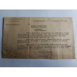 SKORCZ, POWIAT STAROGARD URZĄD SKARBOWY PISMO SPRZEDAZ PIWA 1950 ROK