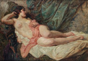 Stanisław Zawadzki (1878-1960), Akt leżący z różową draperią, 1933 r.