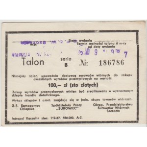 Szczecin Talon 100 złotych 1987 - seria B - O.P.S.W.