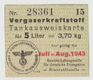 GG Germany Third Reich fuel card 5 liters 1943