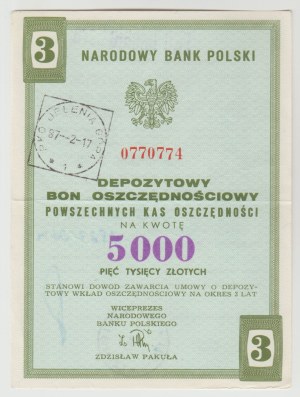 NBP 5000 zloty 1987 deposit voucher for 3 years