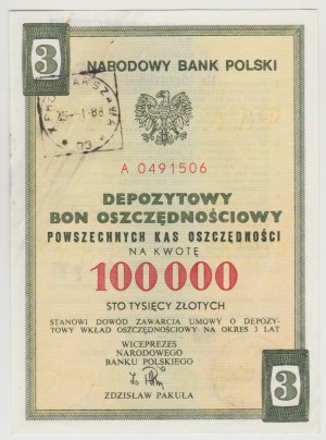 NBP PLN 100,000 1988 - series A deposit voucher for 3 years