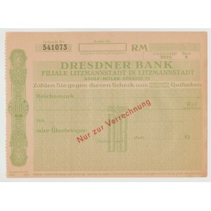 Czek II WŚ. Dresdner Bank oddział w Łodzi (Litzmannstadt)