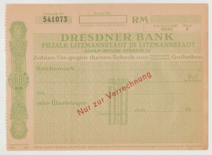 WWII check. Dresdner Bank branch in Lodz (Litzmannstadt).