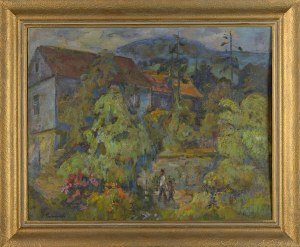 Zdzisław PRZEBINDOWSKI (1902-1986), Pejzaż z domami i sztafarzem