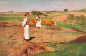 Włodzimierz Tetmajer (1862 Harklowa - 1923 Kraków), Pejzaż wiejski ze stadem bocianów, około 1900