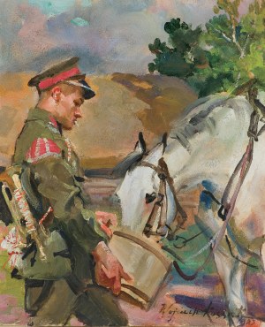 Wojciech Kossak, TRĘBACZ POJĄCY KONIA, 1923