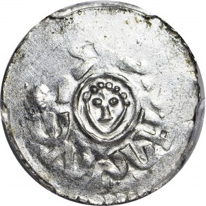 RRR-, Bolesław III Krzywousty 1107-1138, denar wrocławski przed 1107, nienotowana MAŁA GŁOWA, R8