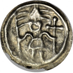 RRR-, Brakteat nieokreślony XIIIw., Biskup w mitrze z krzyżem i proporcem