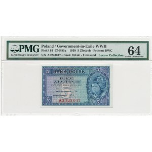 Bank Polski na emigracji, Londyn 5 złotych 1939, ser A, z kolekcji Lucow