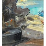 UNIDENTIFIED SIGNATURE, Seaside view with a boat on dry land