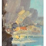 UNIDENTIFIED SIGNATURE, Seaside view with a boat on dry land
