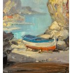 UNIDENTIFIED SIGNATURE, Seaside view with a boat on dry land