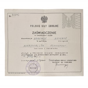 PSZnZ Zaświadczenie o Zakończeniu Służby w Polskich Siłach Zbrojnych-Aleksander Karbarczyk