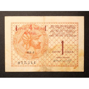 Yugoslavia 4 Krune ND on 1 Dinar (ND) 1919 Overprint