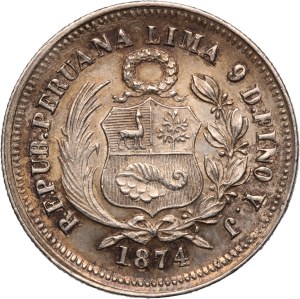 Peru 1/5 Sol 1874 YJ Silver