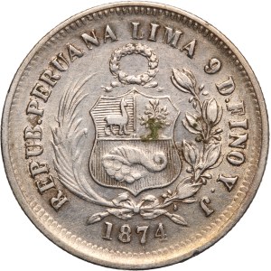 Peru 1/5 Sol 1874 YJ Silver