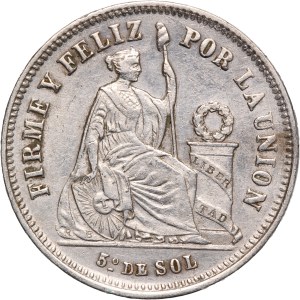 Peru 1/5 Sol 1875 YJ Silver