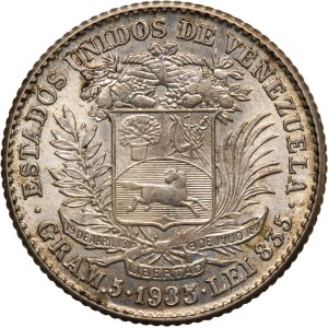 Venezuela 1 Bolivar 1935 Mint Error Silver
