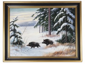 Wildschweine im Winter, Öl auf Leinwand