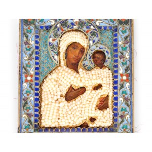 Small icon of the Madonna with silver oklad, cell enamel in the style of Pavel Ovchinnikov