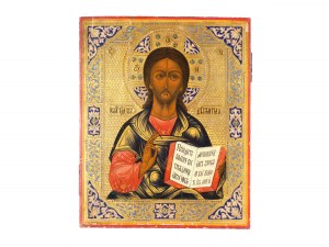 Russian icon, Christ Pantocrator with open gospel book