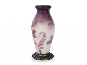 French vase around 1900, White glass, violet overlay, etched floral decoration