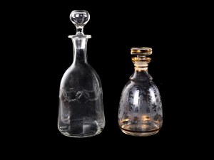 2 glass carafes with stopper, Cut with landscape, leaping deer and rocailles