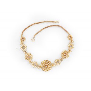 Gold necklace set with pearls and 5 diamonds, 14 kt yellow gold marked