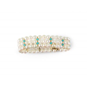 Pearl bracelet with turquoise, Center bar and clasp 14kt gold