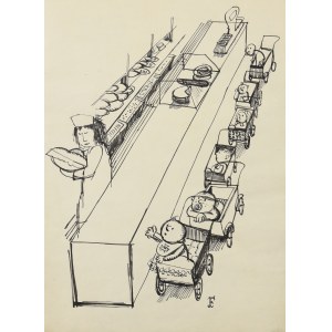 Jerzy FLISAK (1930-2008), Brak opakowań wstrzymał produkcję mleka w proszku - projekt ilustracji do Szpilek