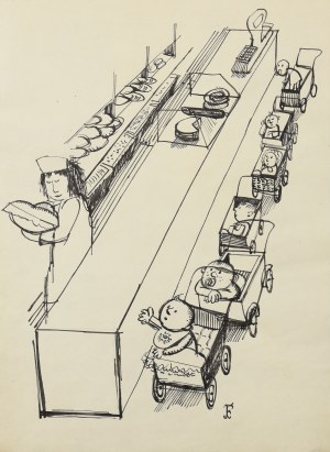 Jerzy FLISAK (1930-2008), Brak opakowań wstrzymał produkcję mleka w proszku - projekt ilustracji do 