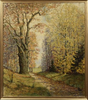 Artiste non spécifié, route forestière en automne