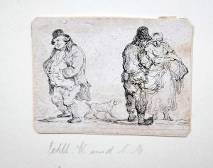 Michał Płoński (1778-1812), Trzy postacie i piesek, otyły mężczyzna w kapeluszu i surducie, zwrócony w lewo oraz stojący mężczyzna zwrócony ku niosącej kosz kobiecie, 1802