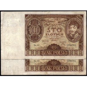 Poland. 1934 100 Zlotych Prefix AV Consecutive Pair