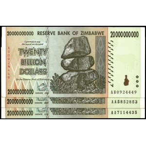 Zimbabwe. 20 Billion Dollars 2008 3 Pcs