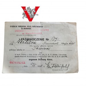 II RP PKP, Railway Guard Certificate 1938 , Kaluga, Krakow , Cieszyn, Dziedzice