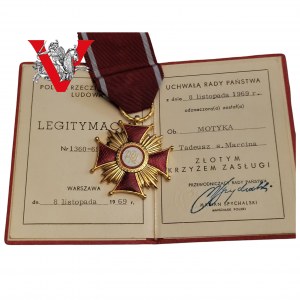 PRL, Złoty Krzyż Zasługi z legitymacją, Tadeusz Motyka Weteran, Legitymacja 1969 podpis Spychalski
