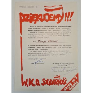 AFISZ SOLIDARNOŚĆ Warszawa czerwiec 1989. W.K.O. Solidarność, okręg nr 3 Ochota.