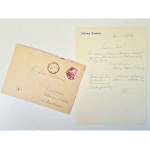 LETTER (handwritten) by Julian Tuwim to Leon Pasternak (date 26.XII.1949) autograph by J.T.