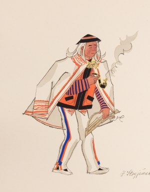 Zofia Stryjeńska (1891 Kraków - 1976 Genewa), Stary muzyk z Zakopanego, plansza XXIV z teki 'Polish Peasants' Costumes', 1939