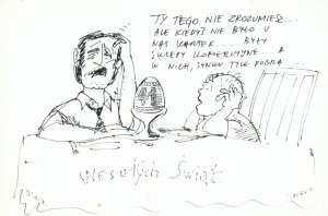 Veselé Vánoce Tohle nepochopíte [...] kresba Marek Andrzej Atkonis [tušový papír / 80. léta 20. století].