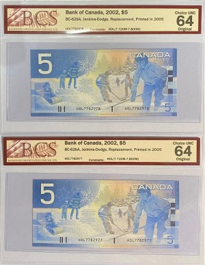 Bank of Canada 2002 $5 Lot of 2 in Sequence Banknotes