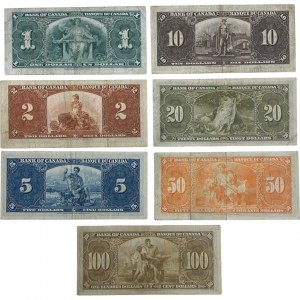 Bank of Canada 1937 od 1 do 100 dolarów - partia banknotów (7 sztuk)