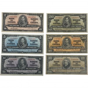 Bank of Canada 1937 $2 bis $100 Banknoten Lot (6 Stücke)