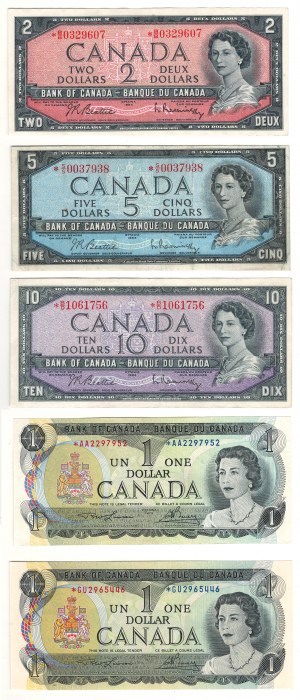 Lot de billets de remplacement de la Banque du Canada (5 pièces)