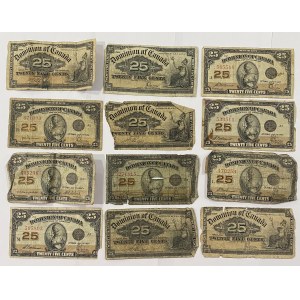 Dominion of Canada 1900 - 1923 25 Cent Shinplaster Banknote Lot (12 Pieces)
