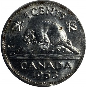 Canada 1953 5 Cents No Shoulder Fold, Far Leaf
