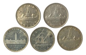 Kanada 1935 - 1954 Stříbrný dolar (5 kusů)